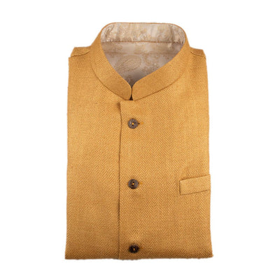 Gold Pure Matka Silk Herringbone Nehru Jacket | 31041101