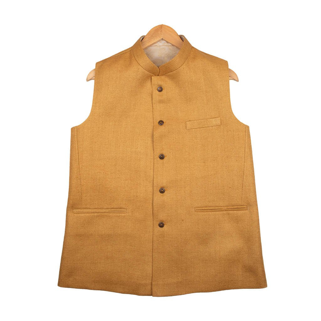 Gold Pure Matka Silk Herringbone Nehru Jacket | 31041101