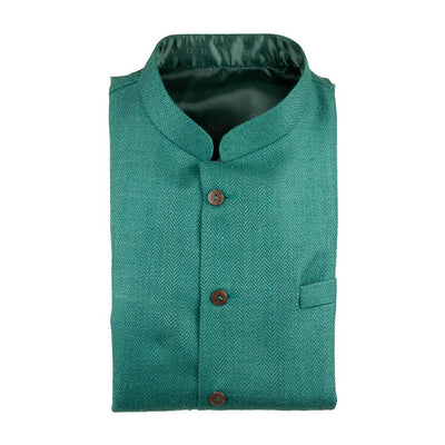 Green Pure Matka Silk Herringbone Nehru Jacket | 31041102