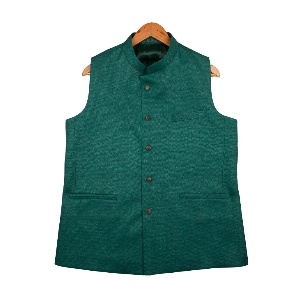 Green Pure Matka Silk Herringbone Nehru Jacket | 31041102