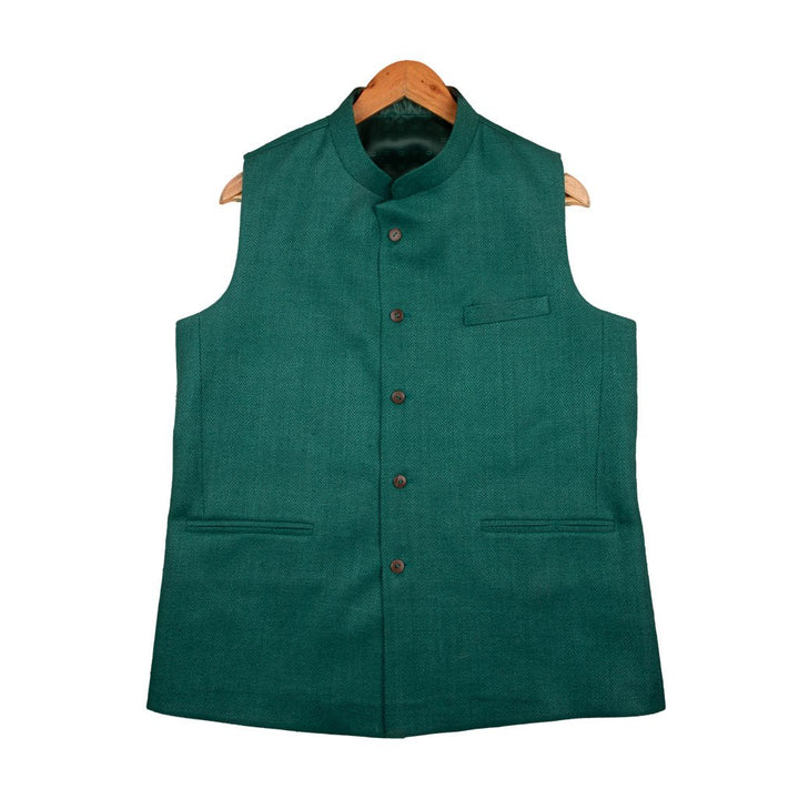 Green Pure Matka Silk Herringbone Nehru Jacket | 31041102