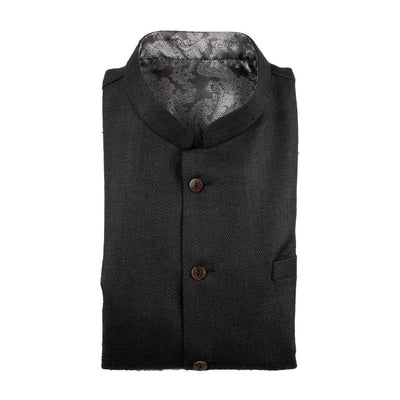 Black Pure Matka Silk Herringbone Nehru Jacket | 31041103