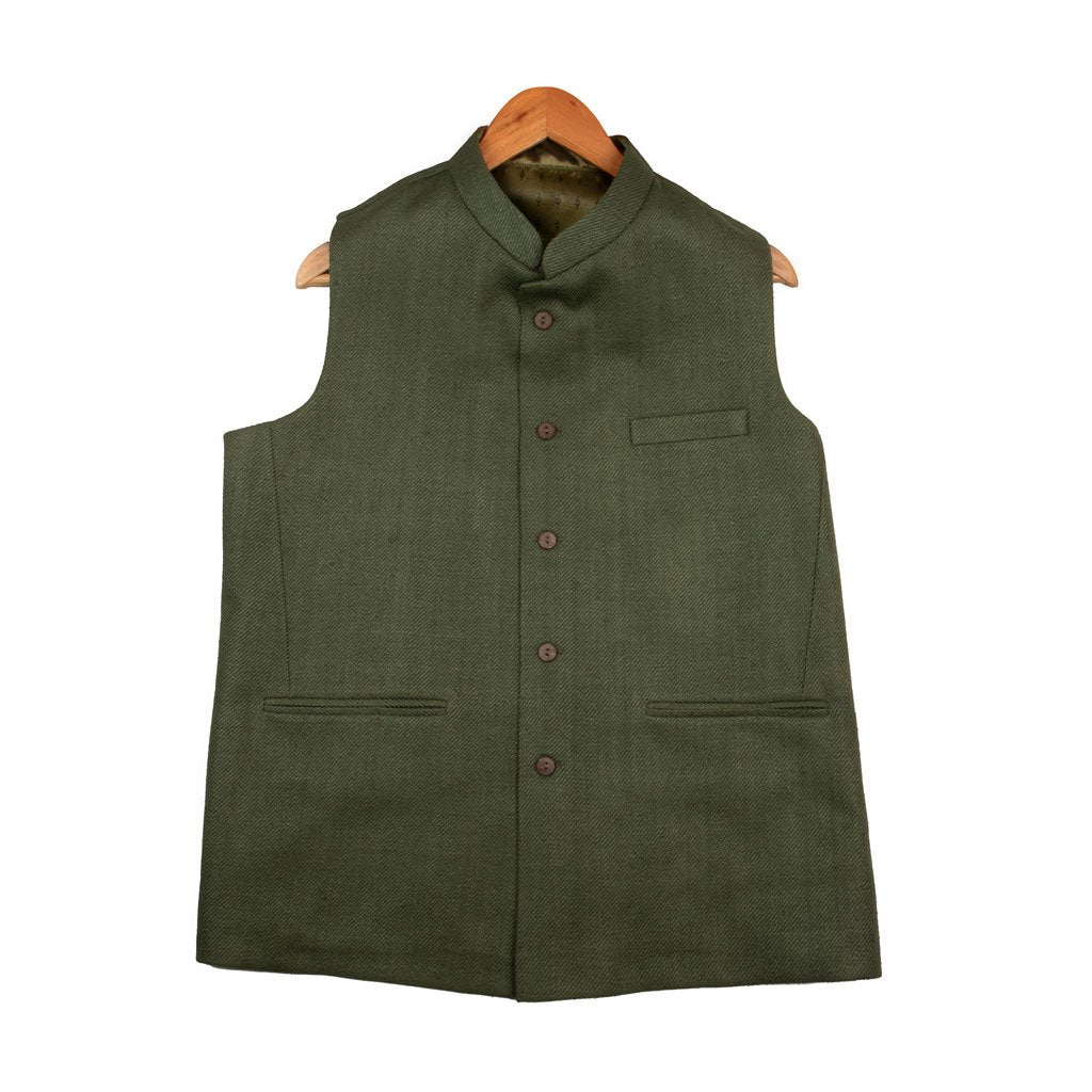 Green Pure Matka Silk Twill Nehru Jacket | 31042102